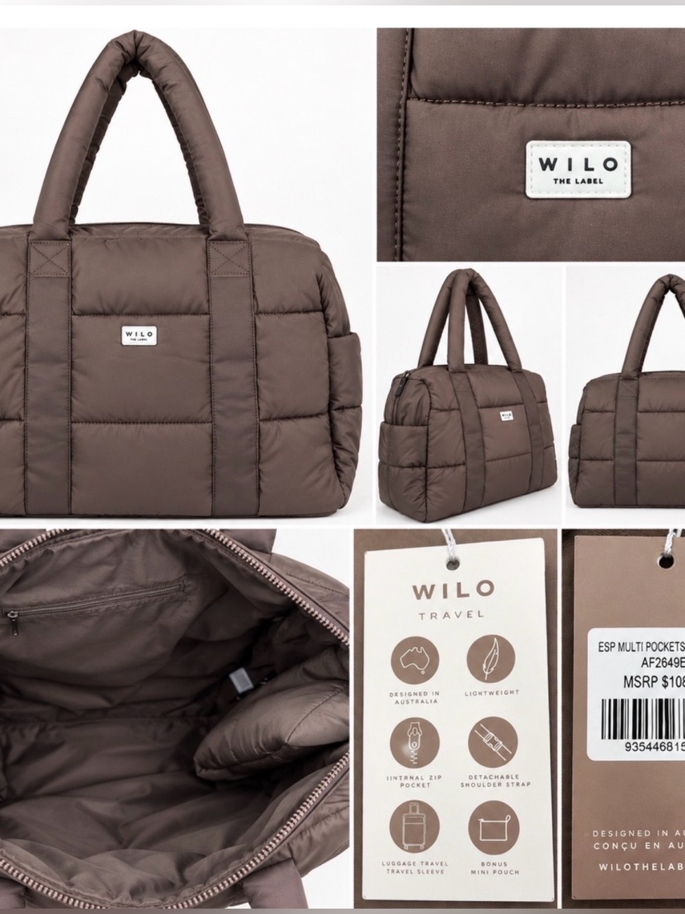 NWT WILO THE LABEL WOMEN'S "VOYAGE" QUILTED TOTE BAG- BROWN - Picture 4 of 5